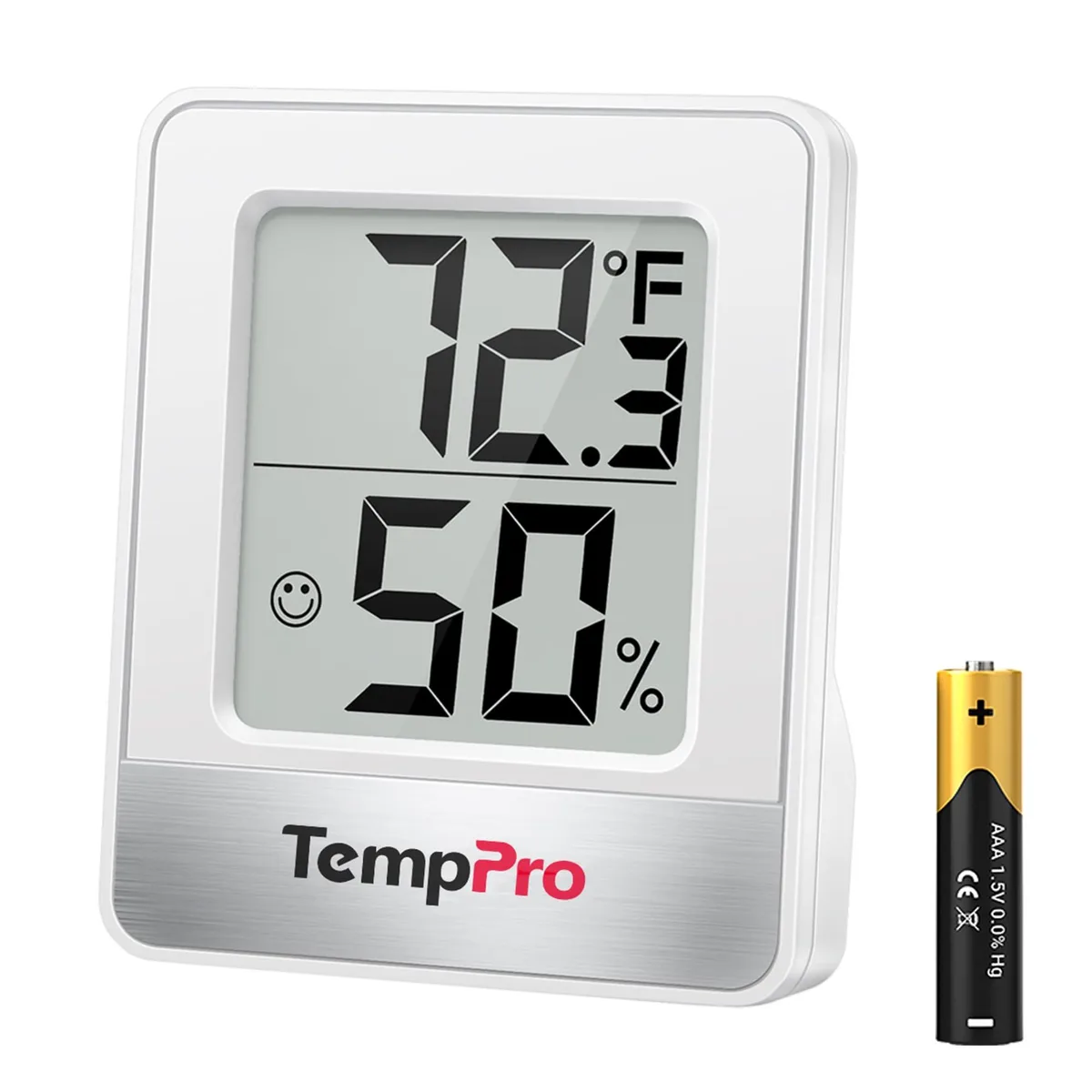 White rectangular digital hygrometer thermometer with LCD display and comfort indicator icons