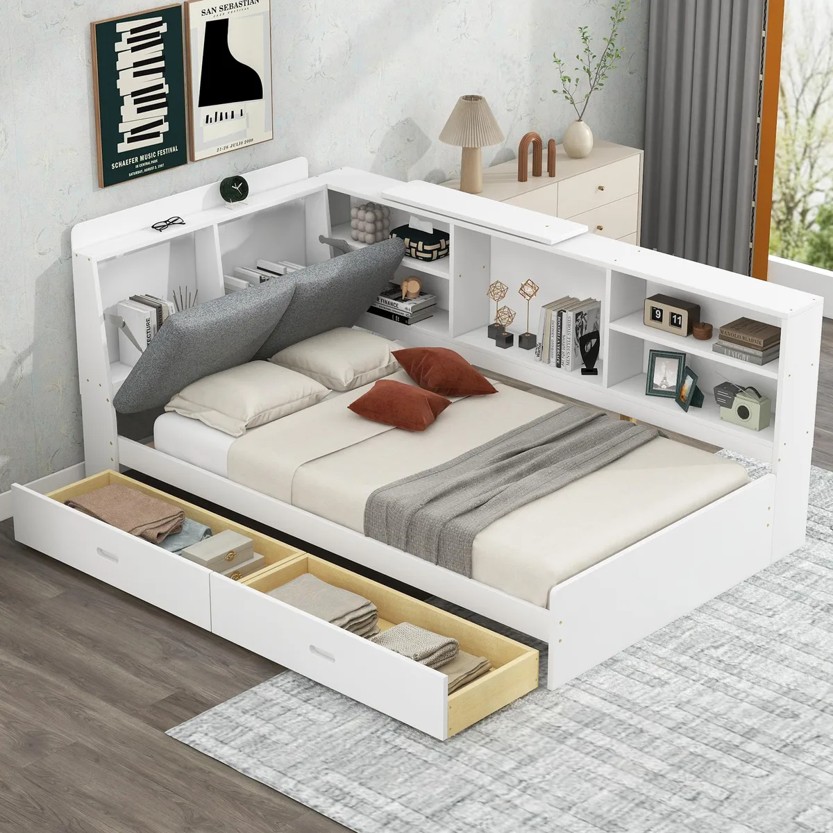 tuphen tuphen Twin Platform Bed with Storage Headboard, 2 Drawers, White — product photo