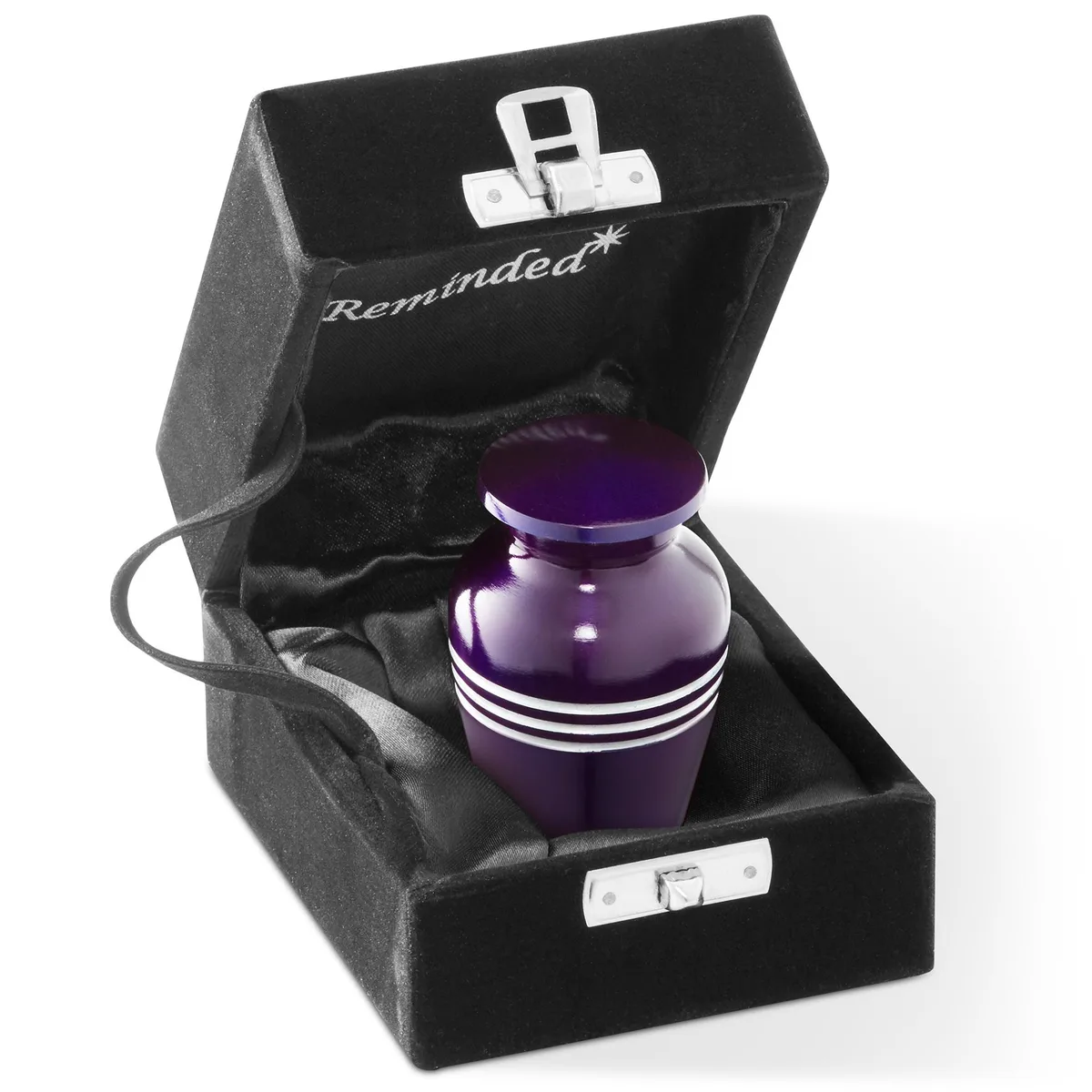 Reminded Reminded Small Cremation Memorial Urn, Purple with Silver Striped, Velvet Case — product photo