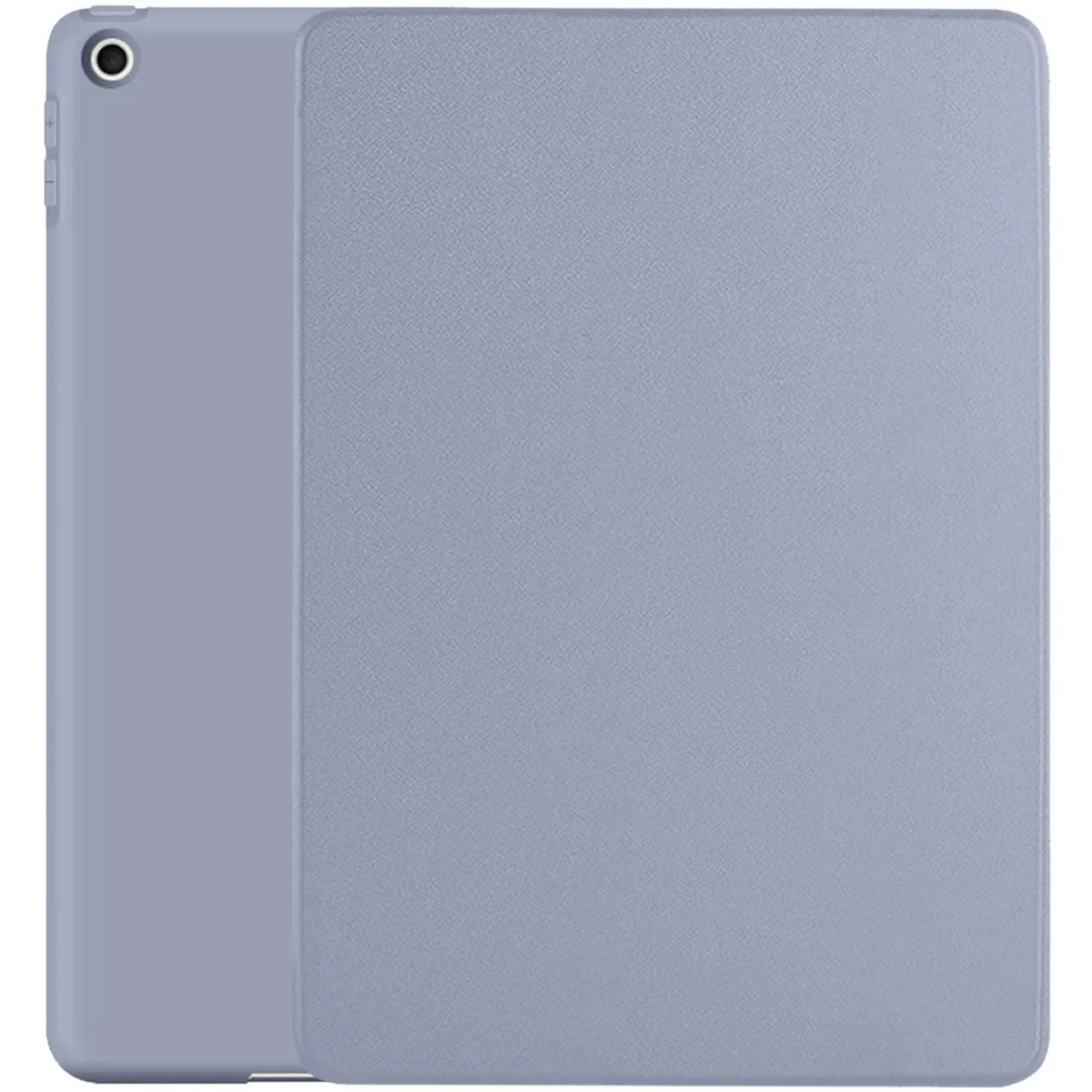 Purple folio case with translucent back, soft-touch front, microfiber interior, dual-angle stand