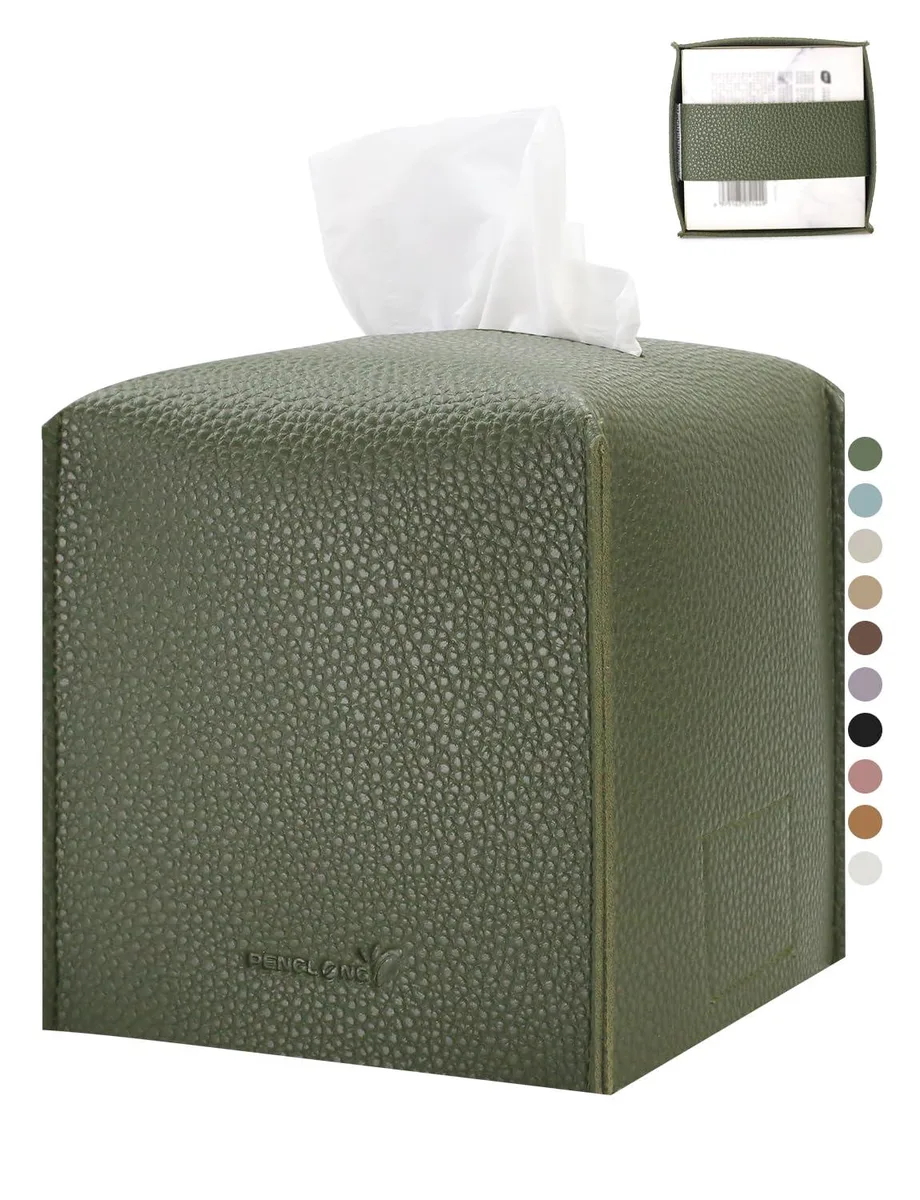 Square dark green PU leather tissue box cover with velcro closure