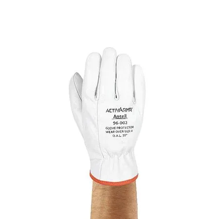Pair of grey goatskin leather glove protectors, 10 in length, shirred slip-on cuffs