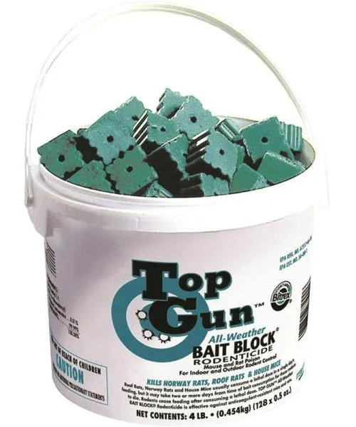 Green plastic pail holding 128 bromethalin blocks, 4.5 lb net weight