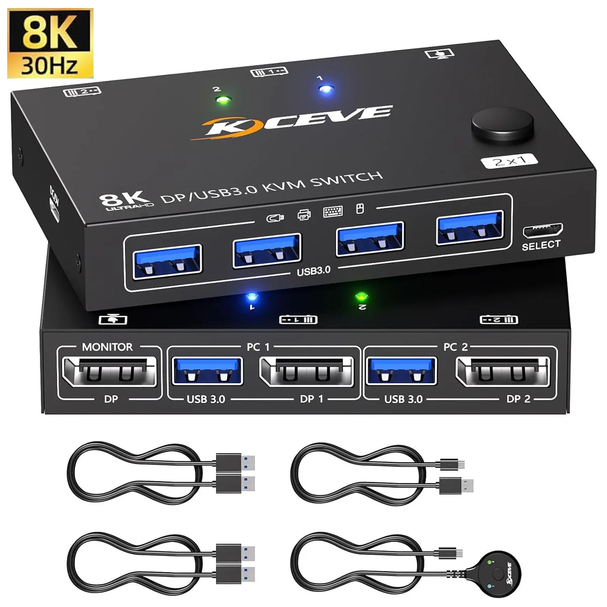 AUTYUE AUTYUE 201DPA DisplayPort KVM Switch 2 Port 8K@30Hz 4K@144Hz 4 USB 3.0 Wired Remote — product photo