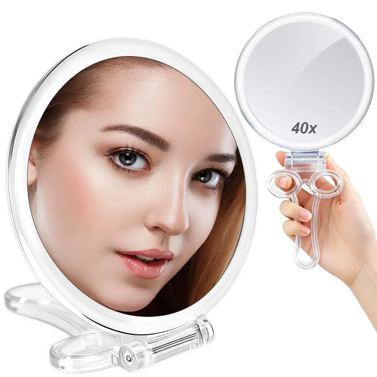 Round double-sided magnifying mirror with clear acrylic frame and folding handle