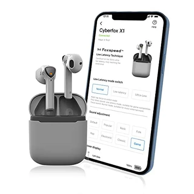 Pair of grey true-wireless gaming earbuds with semi-in-ear fit and matching charging case