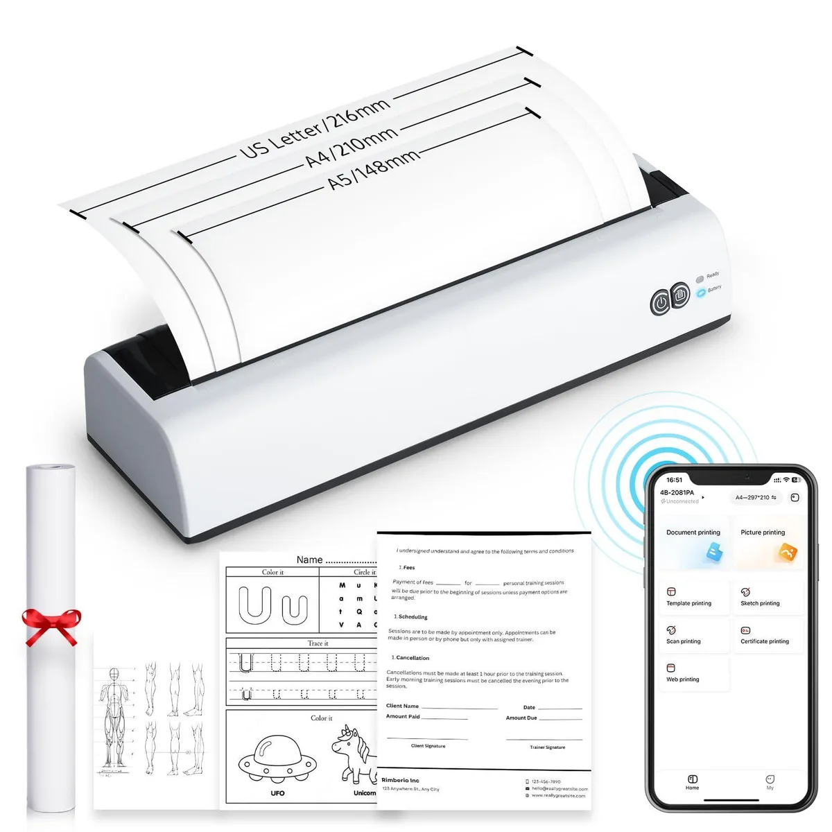 Compact white thermal receipt printer with paper roll visible, Bluetooth label on side, Type-C port and power button on front