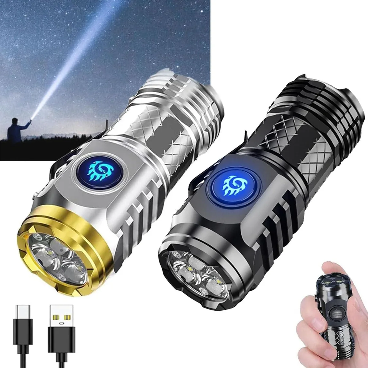 Two small metal flashlights with three LED lenses and pocket clips