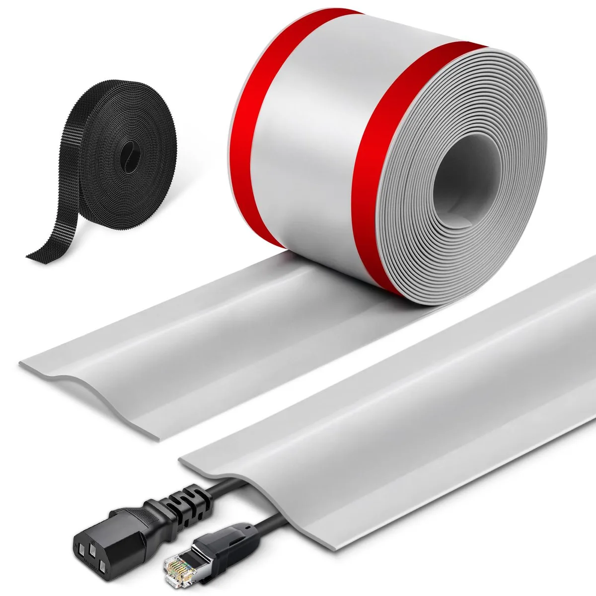 Grey PVC cord cover roll, self-adhesive, low-profile, ten feet long