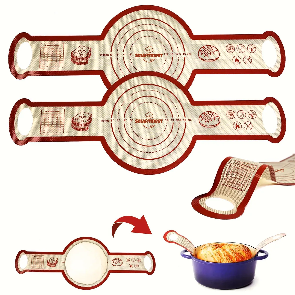 Two round silicone mats with long handles lying flat