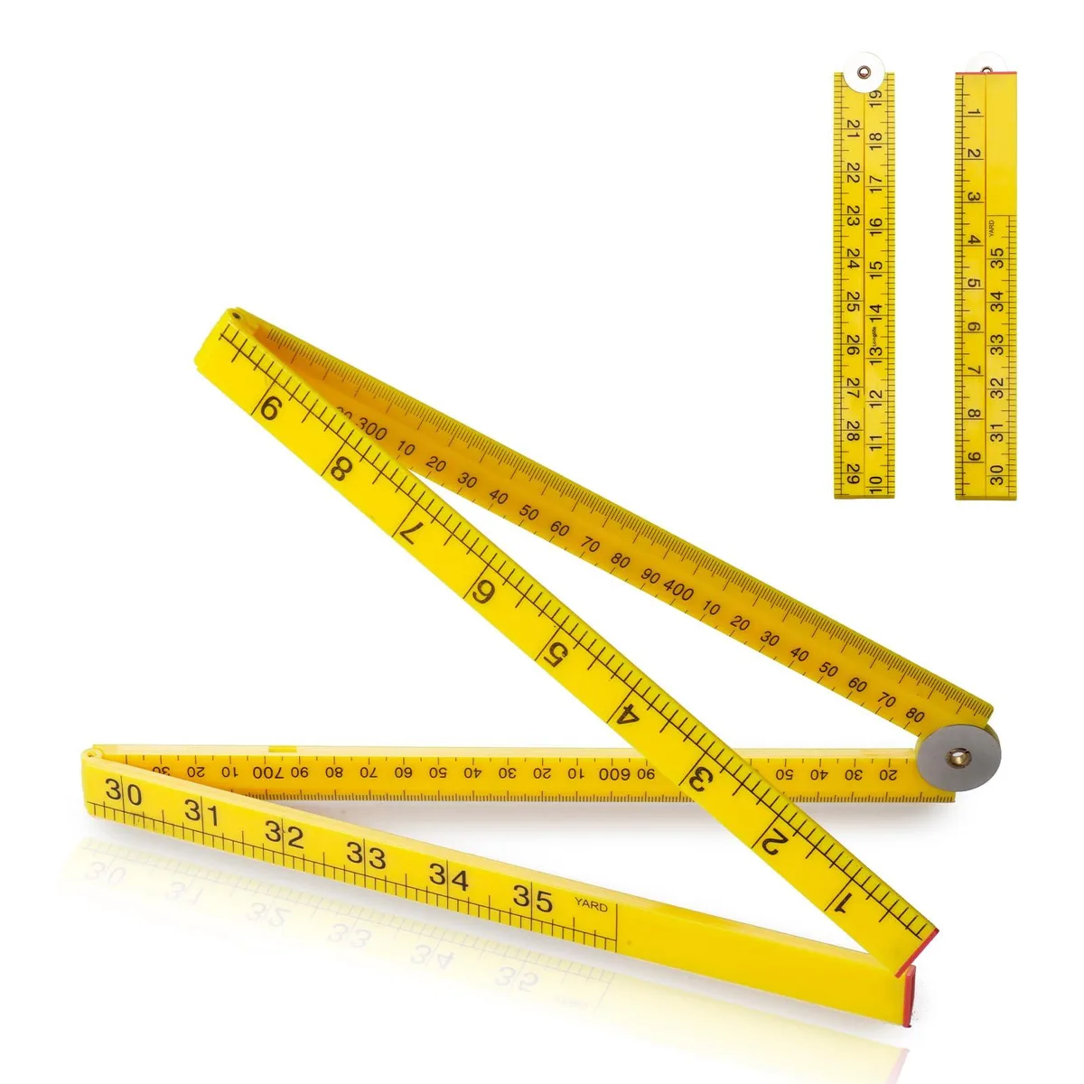Yellow plastic folding meter stick 36 inches long with hinged joints and metric imperial markings