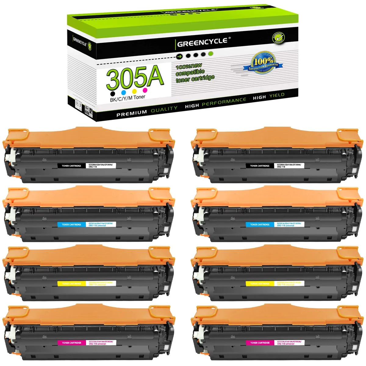 GREENCYCLE GREENCYCLE 305A 8 Pack Toner Cartridge CE410A CE411A CE412A CE413A — product photo