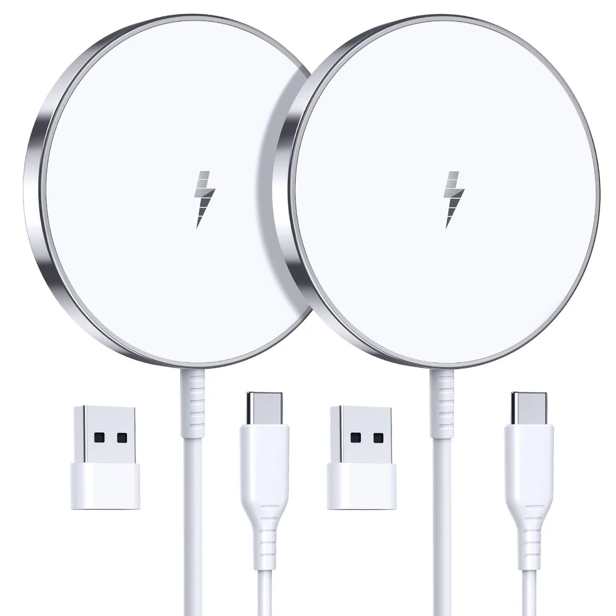 Two slim white circular charging pads side by side