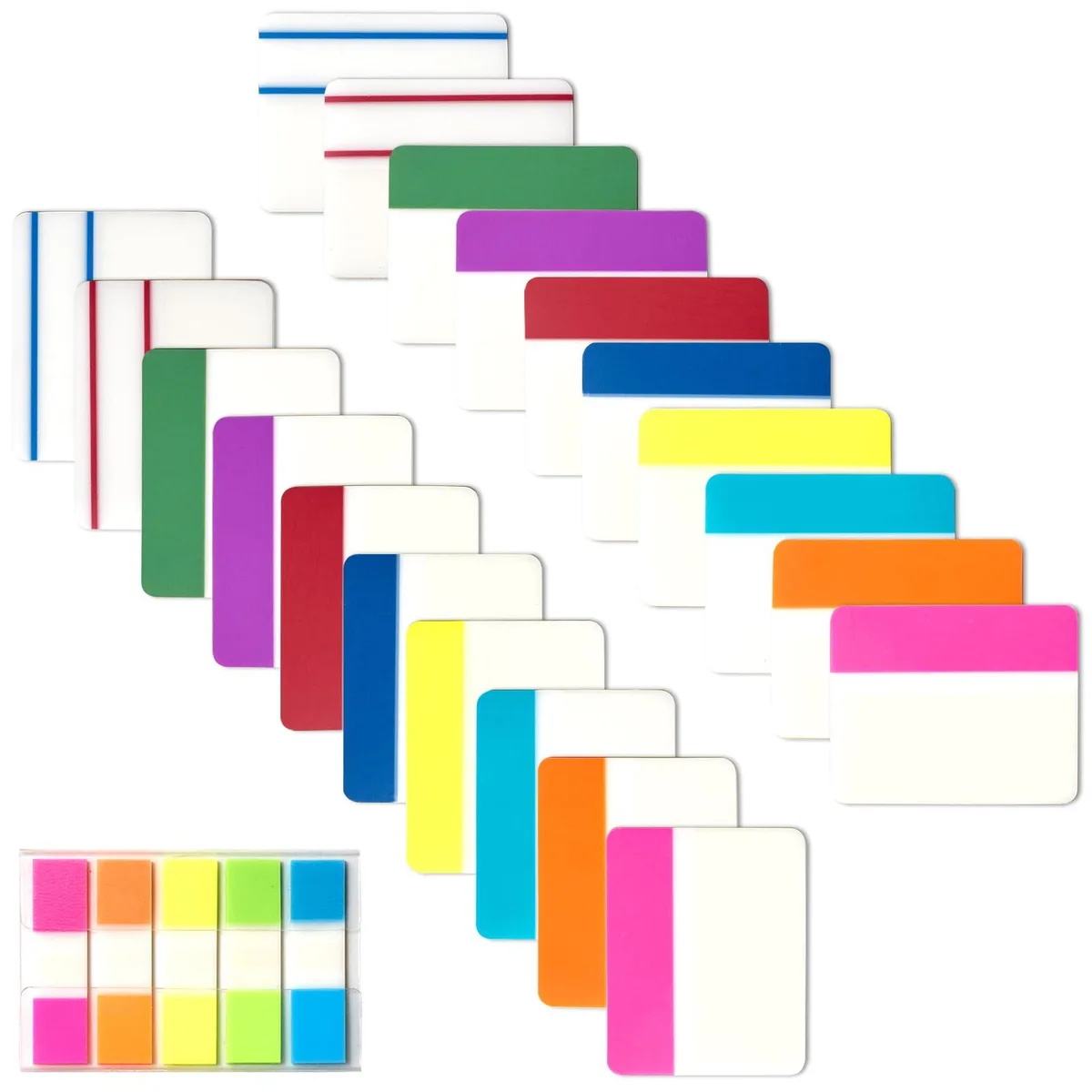 Transparent sticky index tabs in neon colours, 500 pieces, 21 sets, 2 by 1 inch rectangles, BOPP film finish