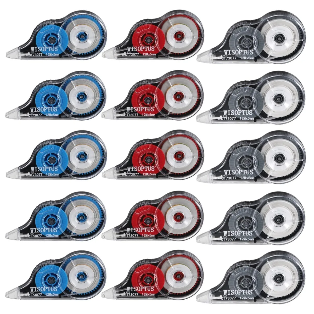 Fifteen correction tape rollers in blue red gray plastic dispensers