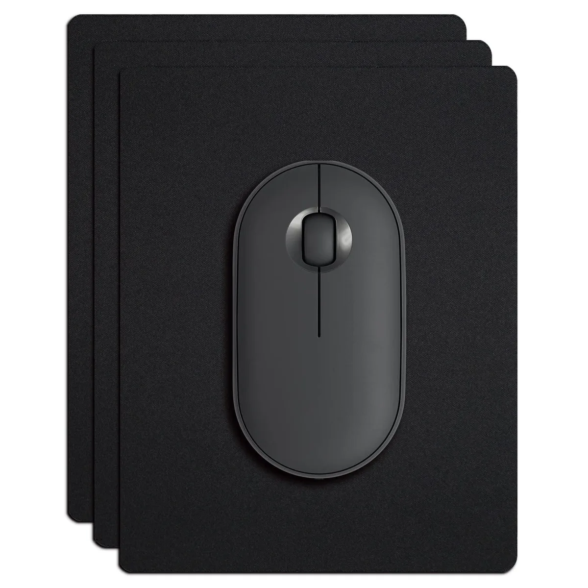 Three small black rectangular mouse pads with rubber bases and fabric surfaces, each 5.5 by 7 inches