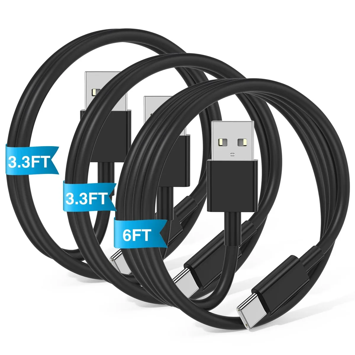 Three black USB A to USB C cables, two 3.3ft and one 6ft