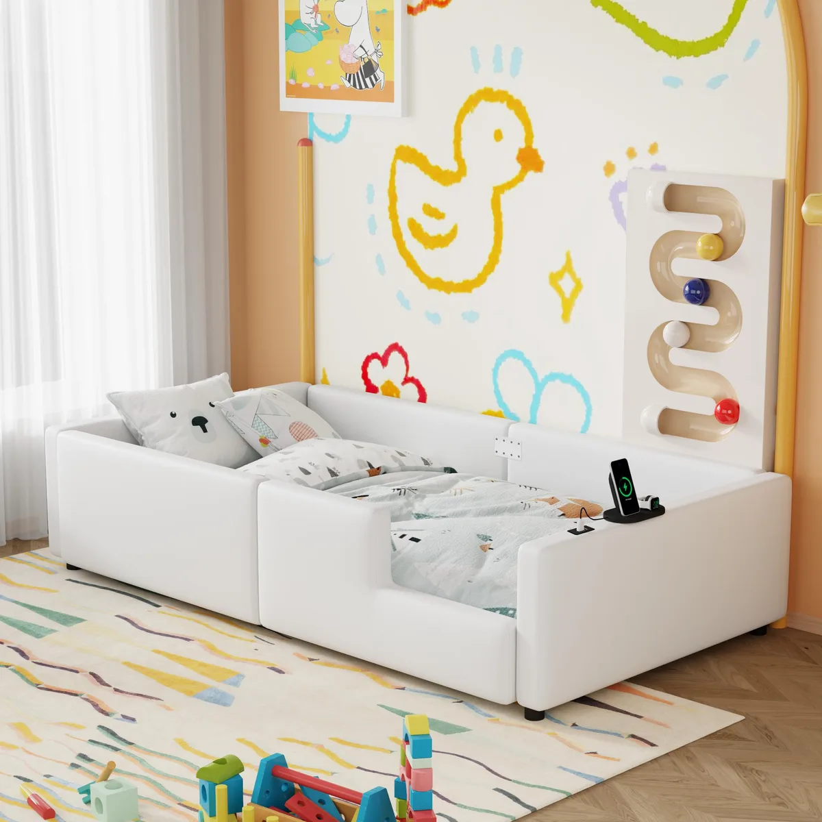 tuphen tuphen Twin Upholstered Platform Bed with Guardrail &amp; Charging Station, White — product photo