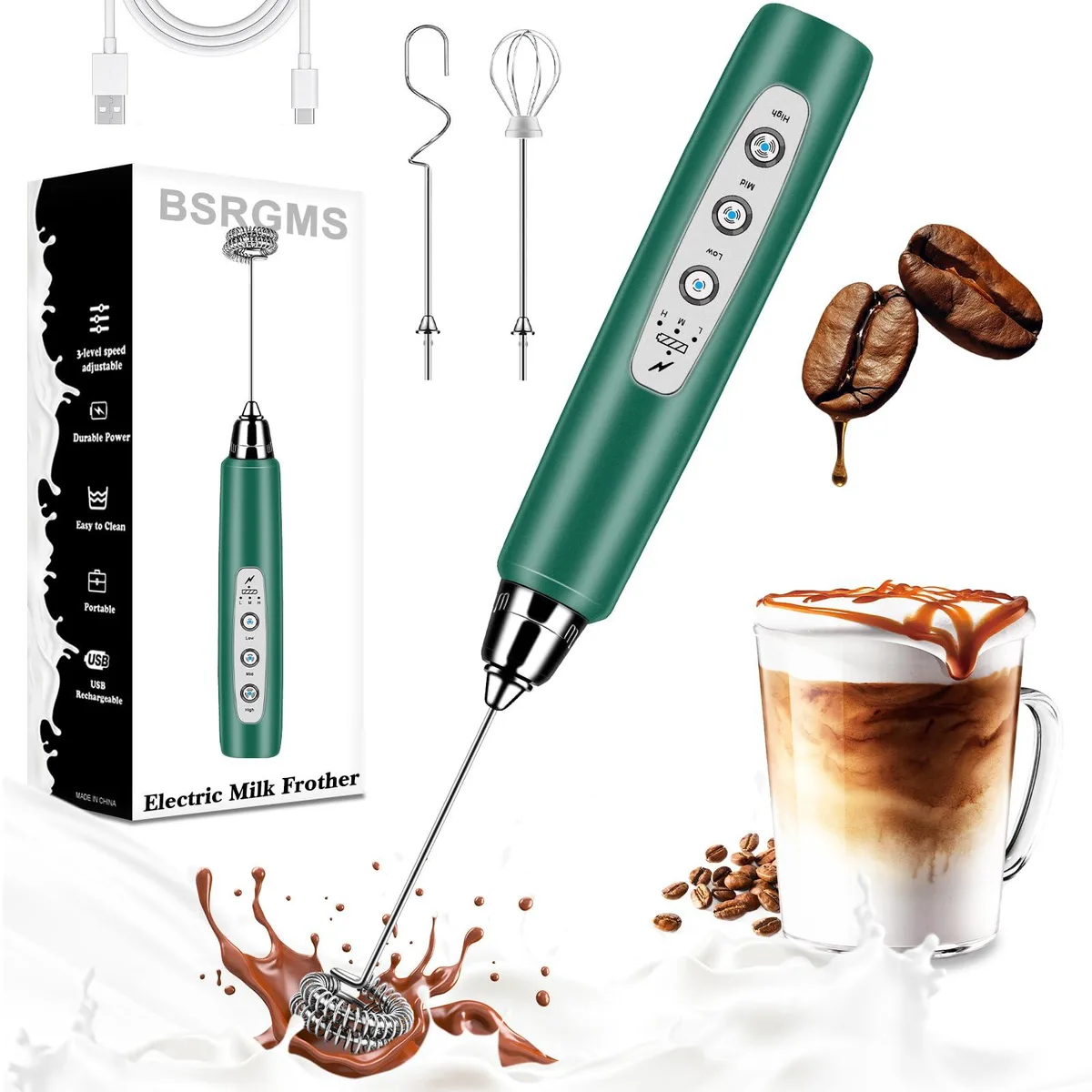  Brentwood 10Whisks-Green cappuccino machine 3 whisks 3 speeds 1200mAh USB-C — product photo