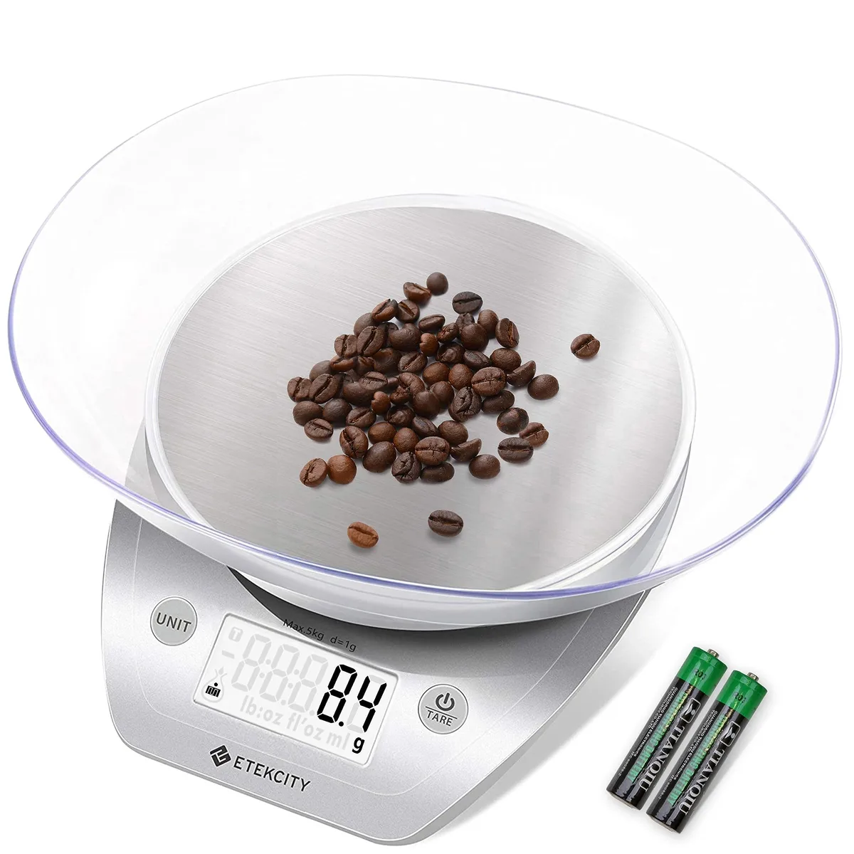 Compact digital kitchen scale with detachable stainless steel bowl and backlit LCD display