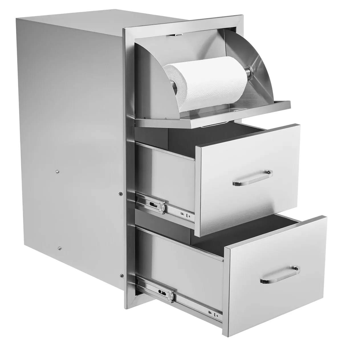 Stainless steel double drawer unit with paper towel holder, brushed finish, 17 by 30 by 21 inches