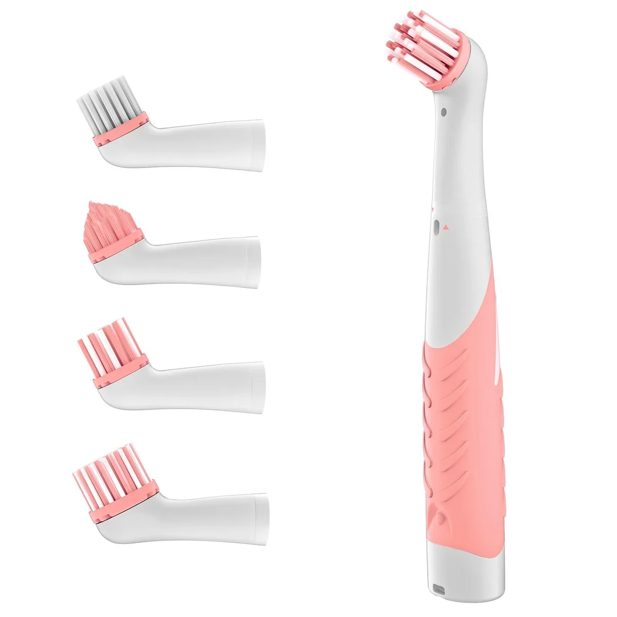 White cordless motorised cleaning brush with four interchangeable heads in a rectangular box