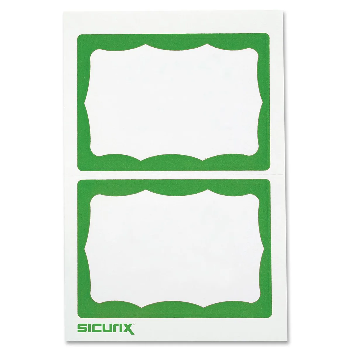 Box of 100 white self-adhesive visitor badges with green border