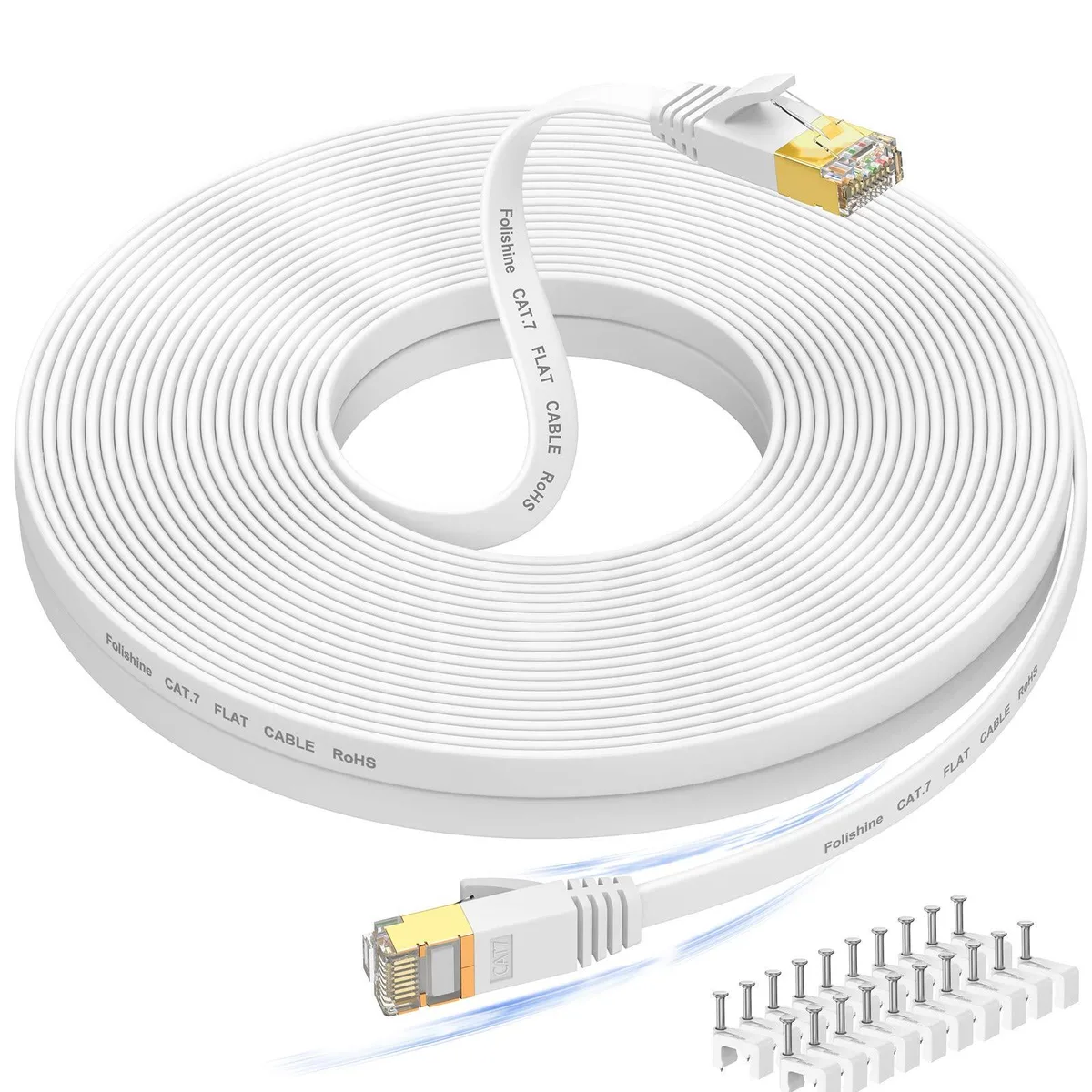 White flat Cat 7 Ethernet cable 60 ft with gold RJ45 connectors