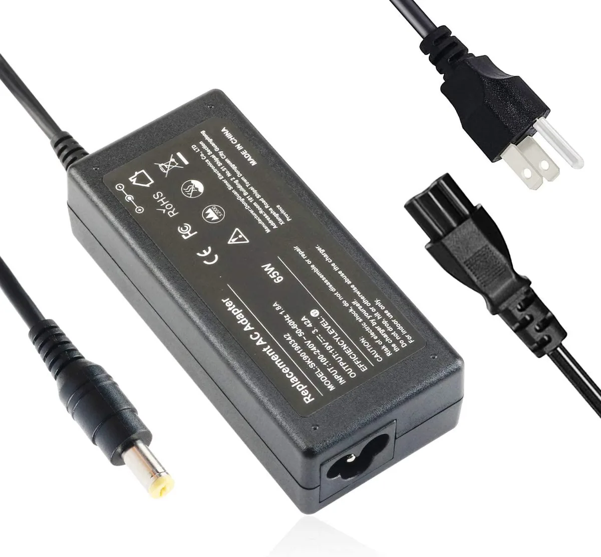 Black rectangular AC adapter with 1.7mm barrel connector and 65W label