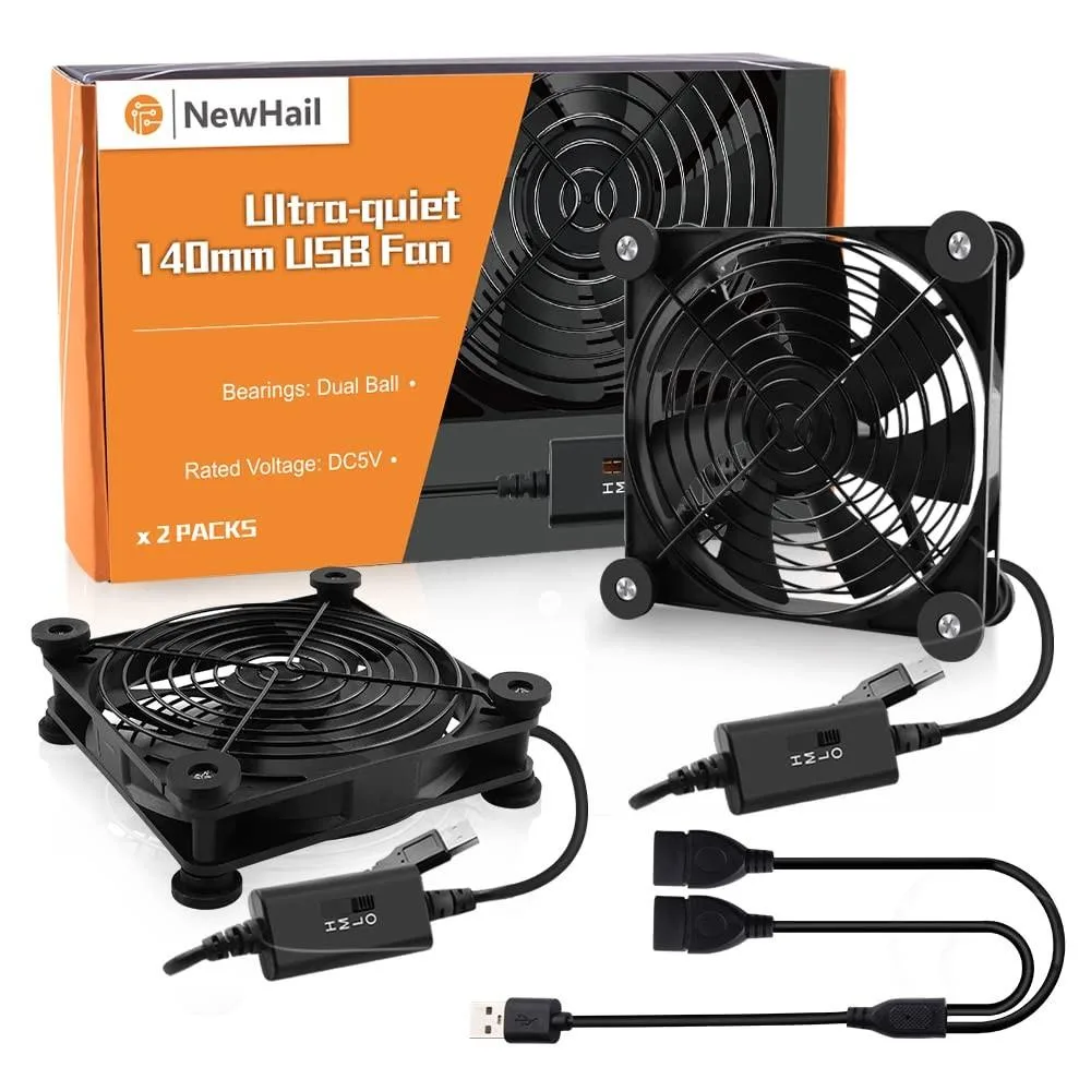 Two black 140mm USB fans with a Y-splitter cable