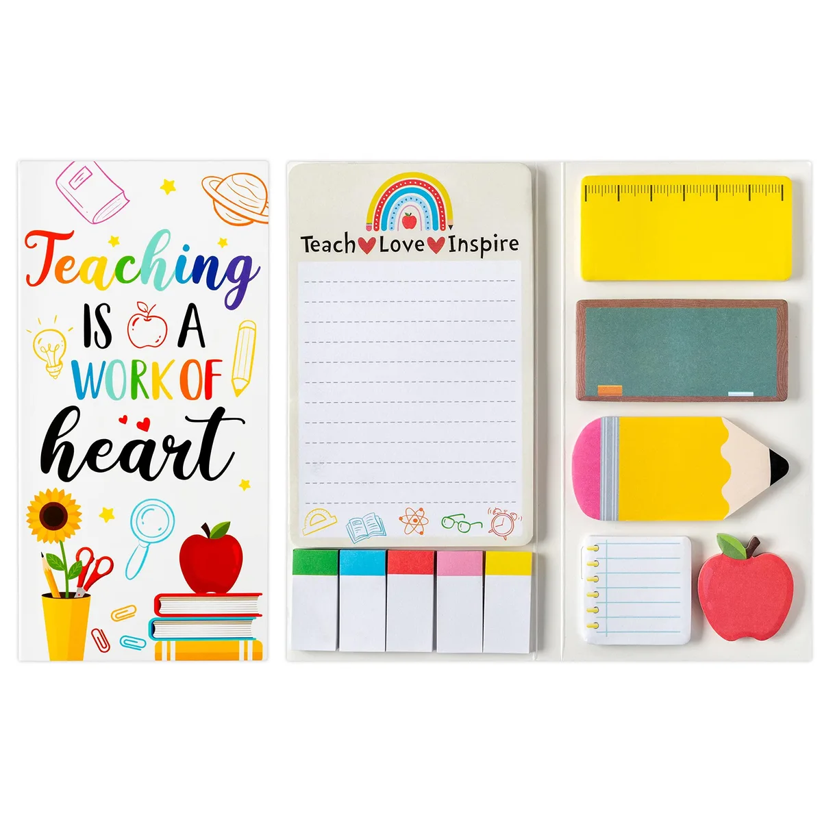 Rectangular multicolour sticky note set in teacher-themed packaging, 7.9 by 3.9 inches