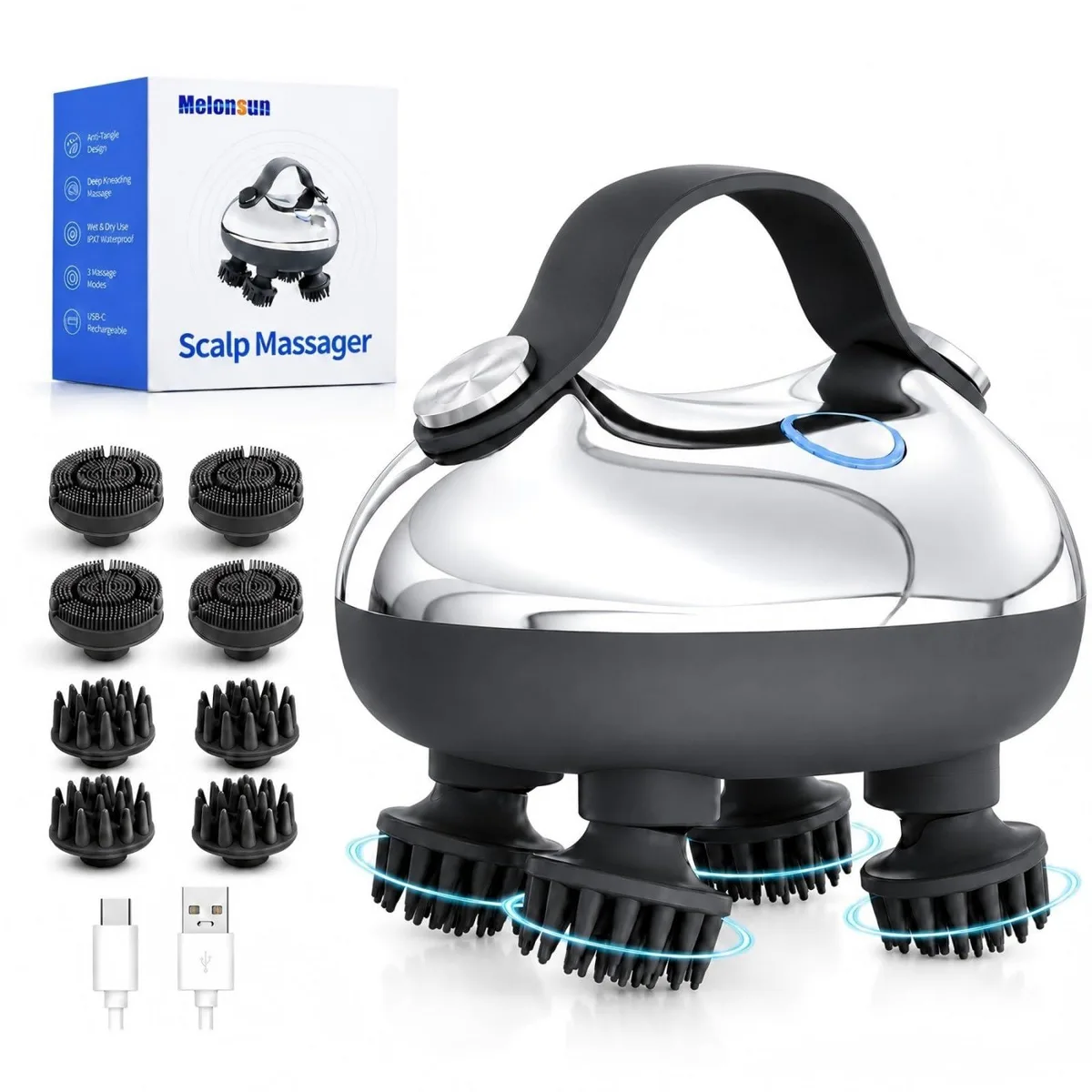 Silver electric scalp massager with two interchangeable silicone claw sets, metallic finish, compact round shape