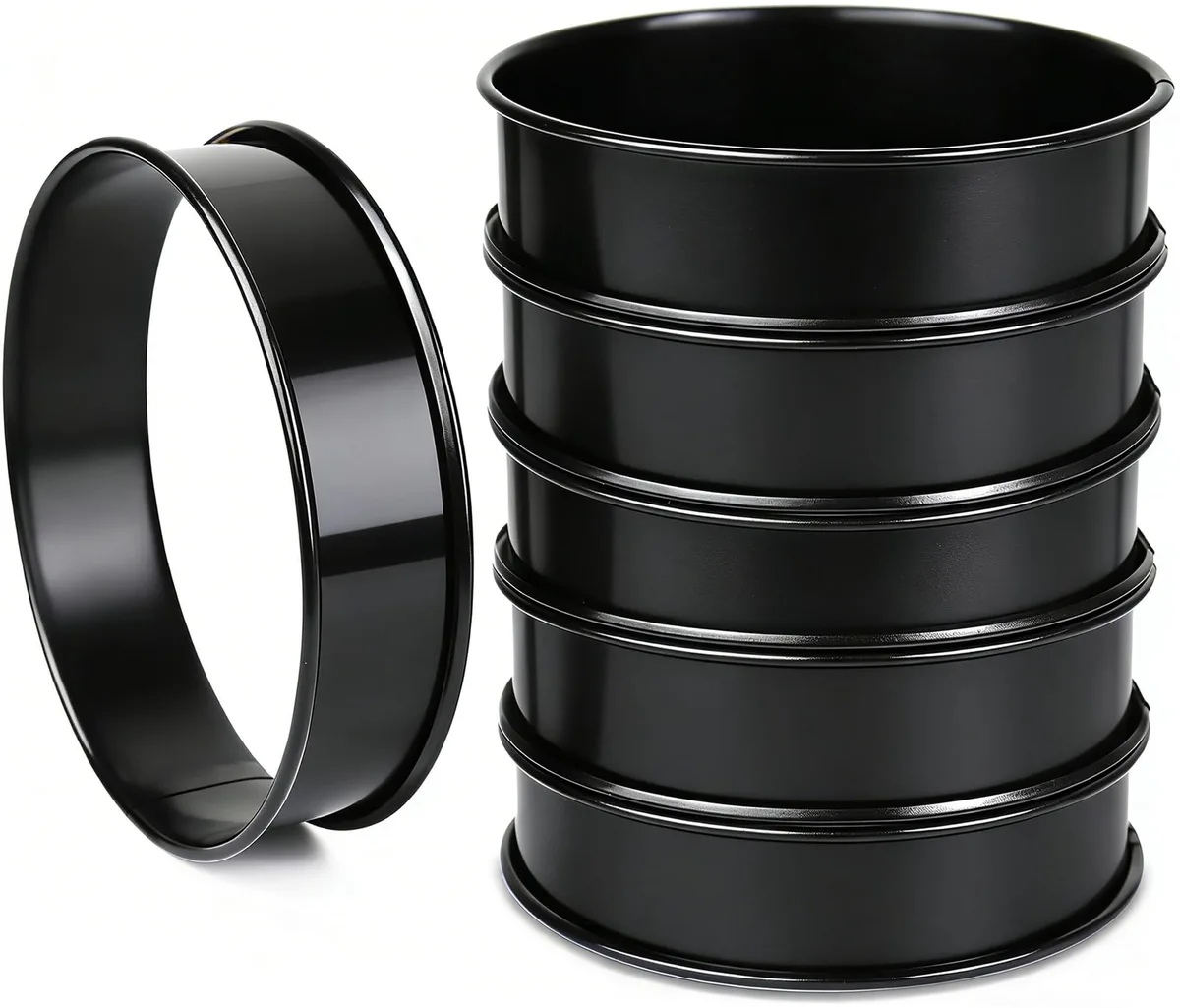 Six black non-stick stainless steel rings, 4 inch diameter, 1 inch deep, rolled edges