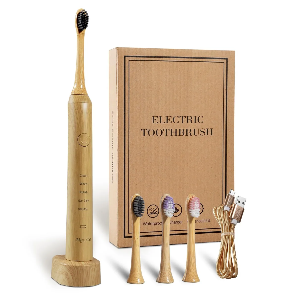 Bamboo electric toothbrush handle with charger and four replacement heads, matte natural finish