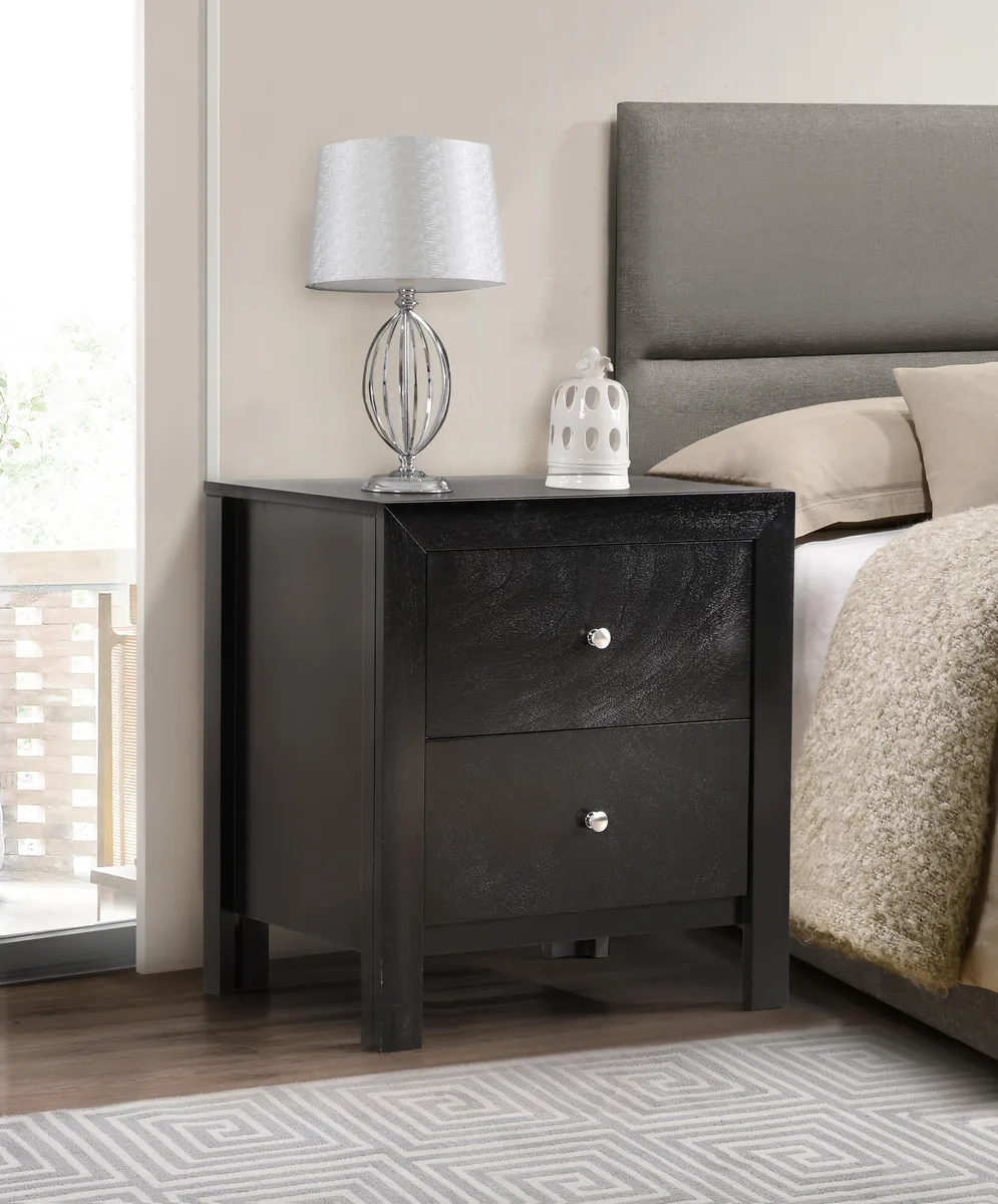 Black bedside table with two drawers, 25"H x 22"W x 17"D