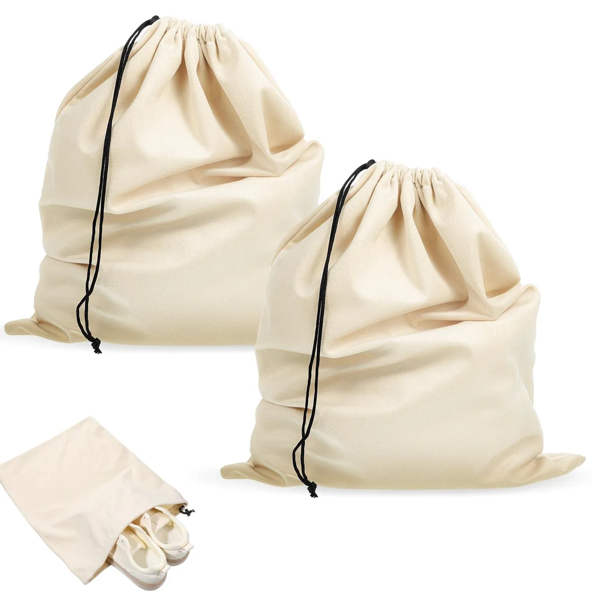 Two beige flannel drawstring shoe bags, 35 by 45 cm, lightweight and foldable