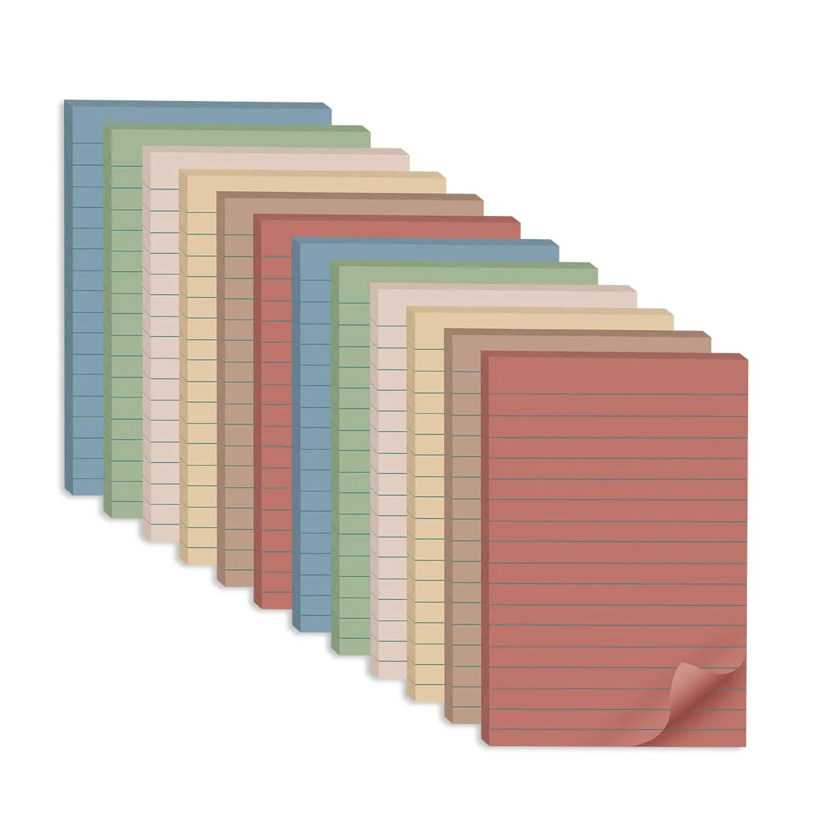 Twelve vintage-coloured lined sticky note pads, each 4 by 6 inches, stacked together