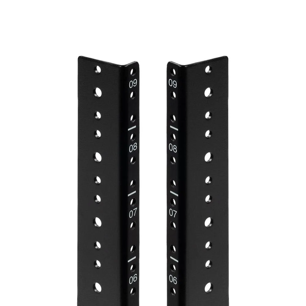 Pair of black powder-coated steel vertical rack rails with 12-24 threaded holes and silk-screened unit markings