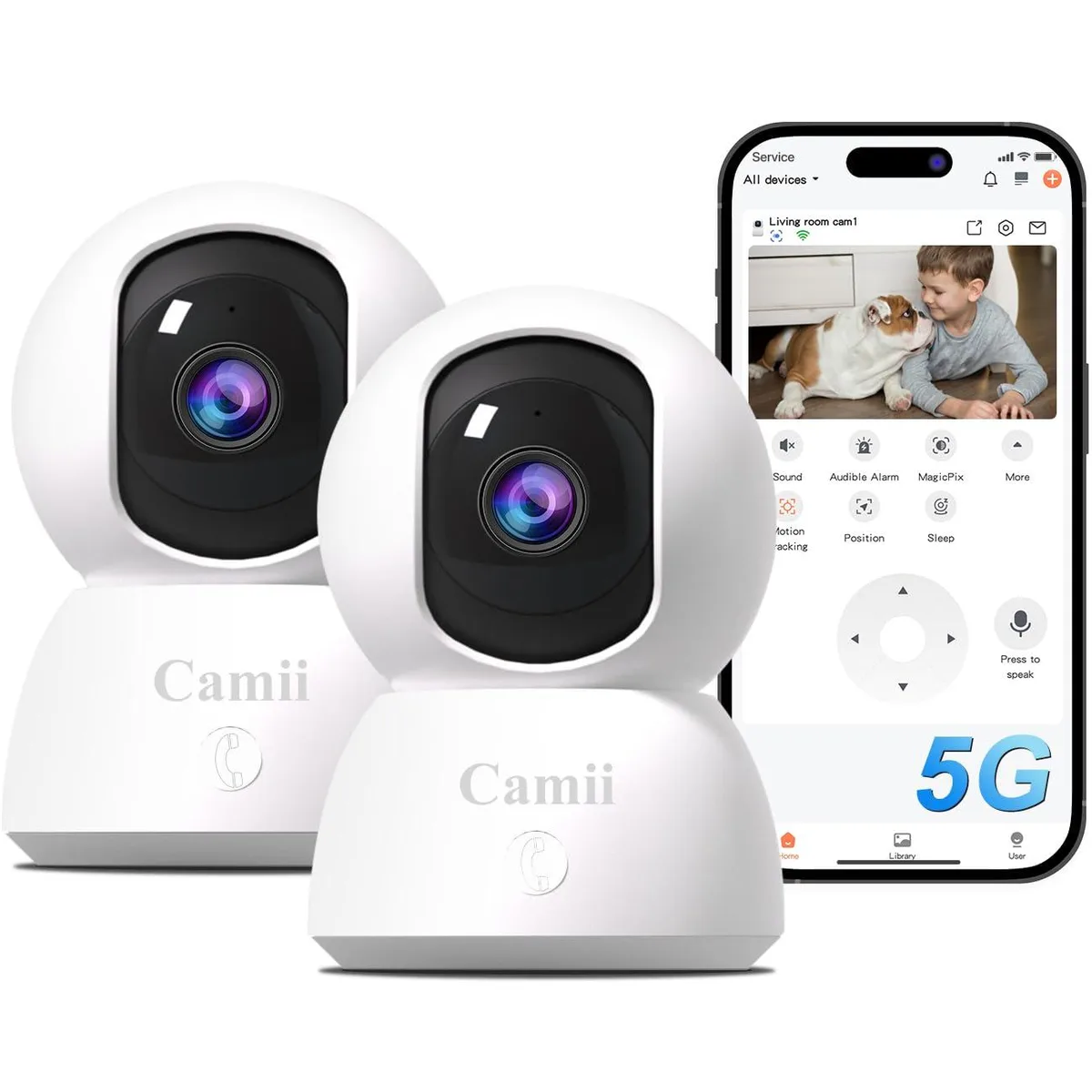 Two white indoor cameras with 360° pan and 90° tilt, corded electric, wall-mount design