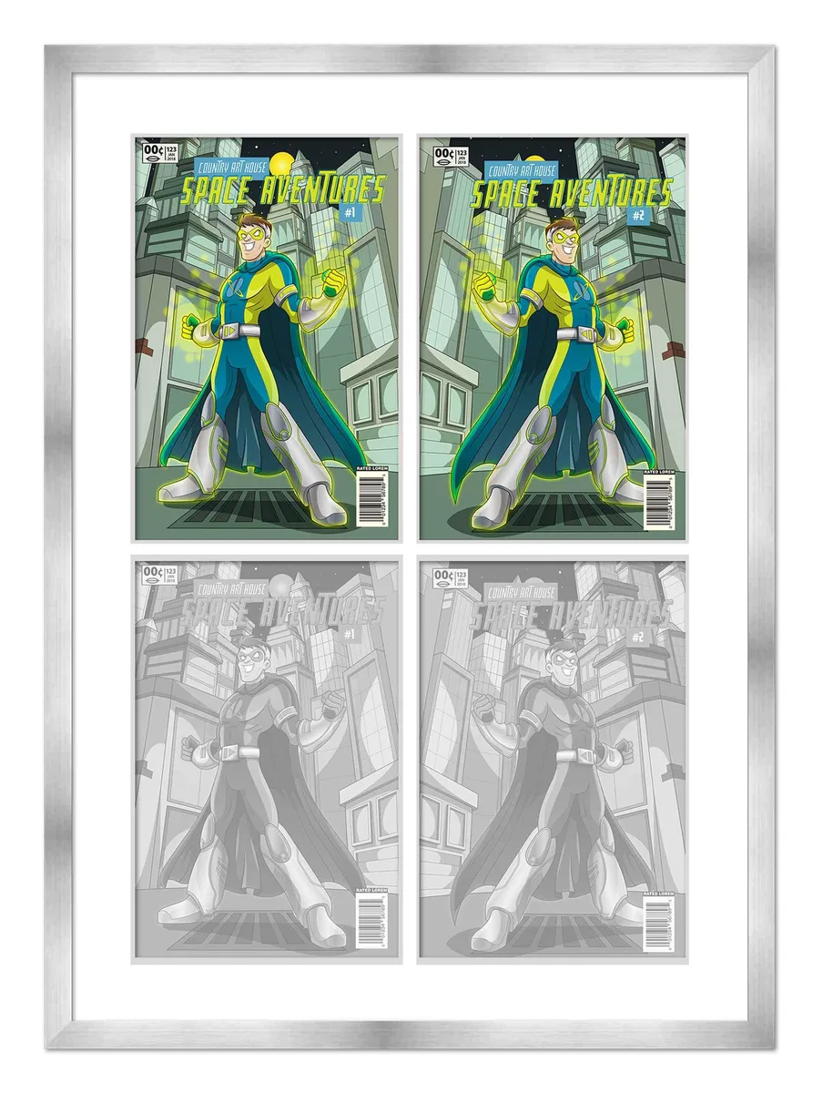 Silver wood frame with white mat displaying four comic book openings in a 2x2 grid