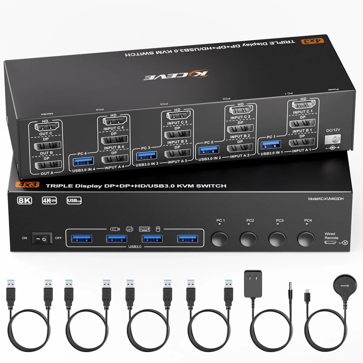 Vszerda Vszerda NW-KVM403DH KVM switch 3 monitors 4 computers 8K@60Hz 4K@144Hz HDMI + 2 DisplayPort — product photo