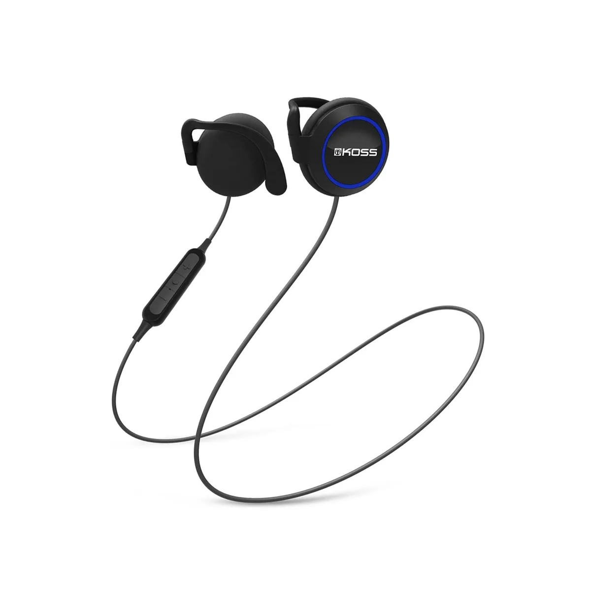 Black wireless ear-clip headphones with in-line microphone and remote