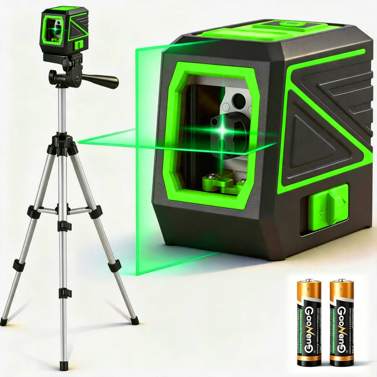 Green cross-line laser level with tripod, IP54 rated, 100 ft range, 110° self-leveling, 360° rotatable, 0.63 kg
