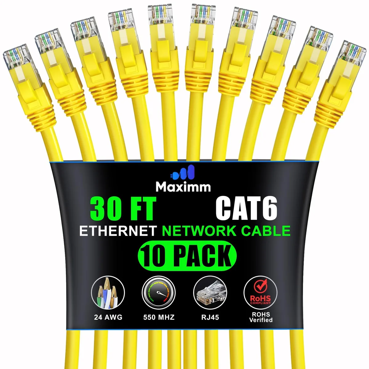 Ten yellow Cat 6 Ethernet cables coiled together, each 30 ft long with gold RJ45 connectors and snagless boots