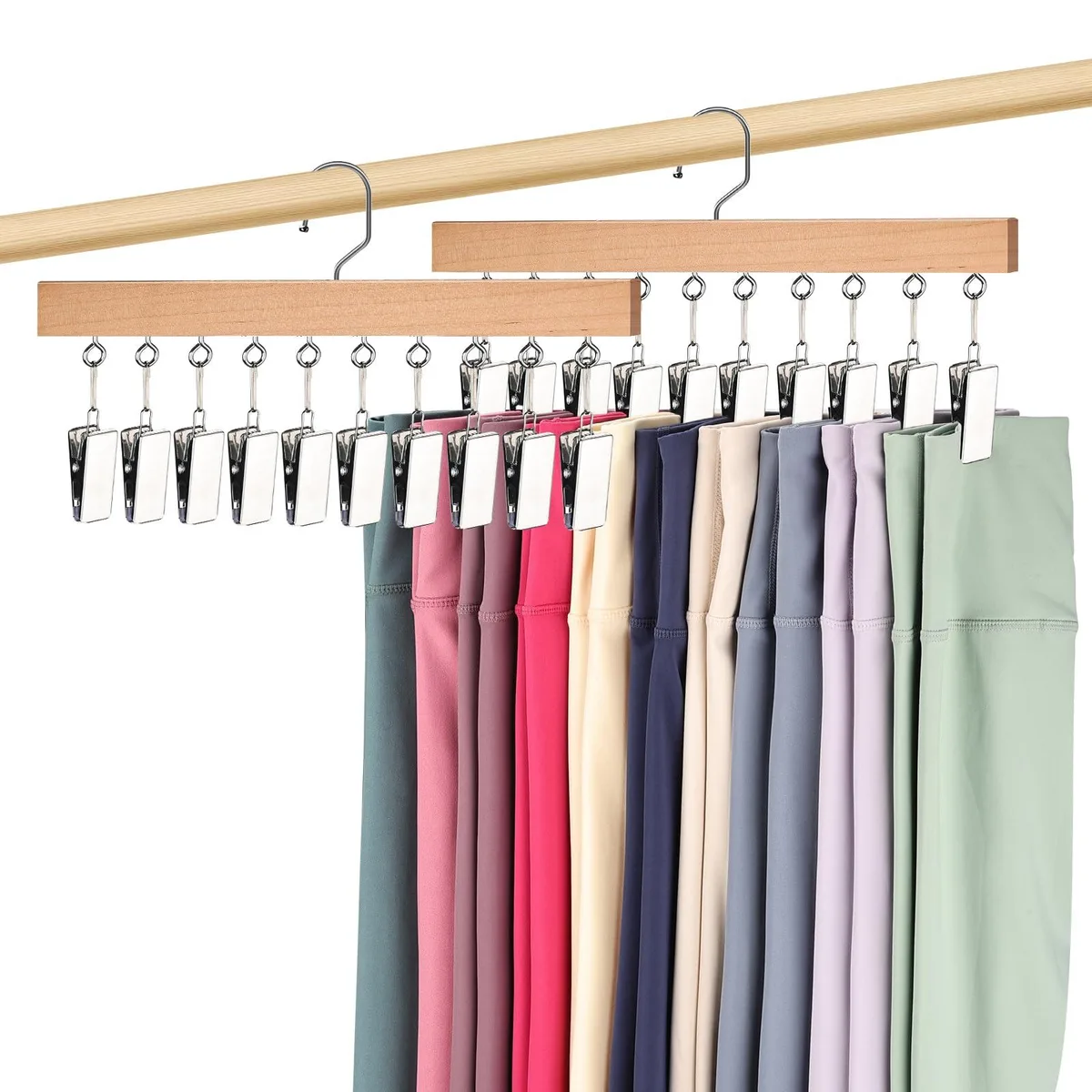 Two wooden hangers with stainless steel clips, holds 20 items