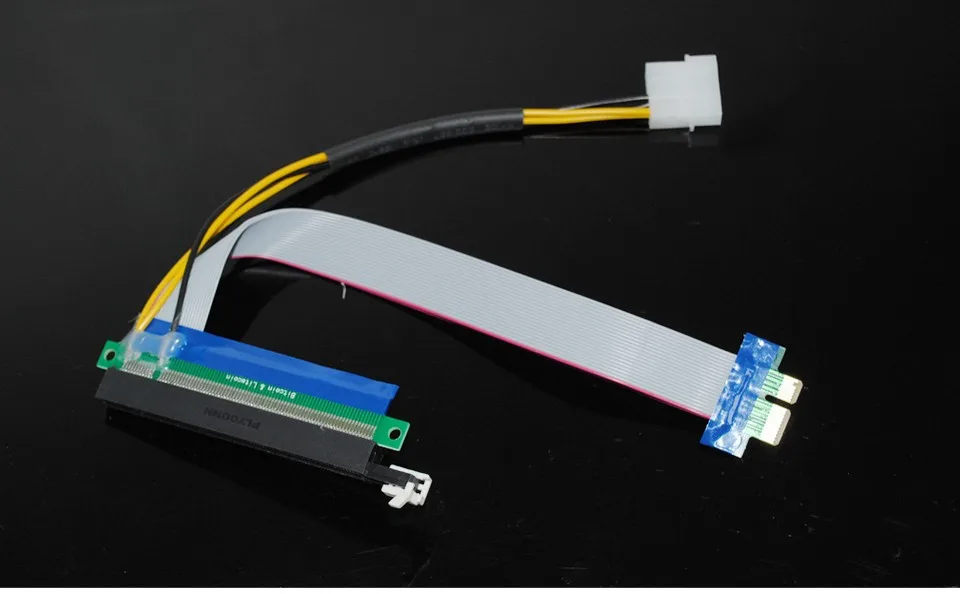 Flat 15 cm PCI-E 1X to 16X riser ribbon cable with Molex 4-pin power connector