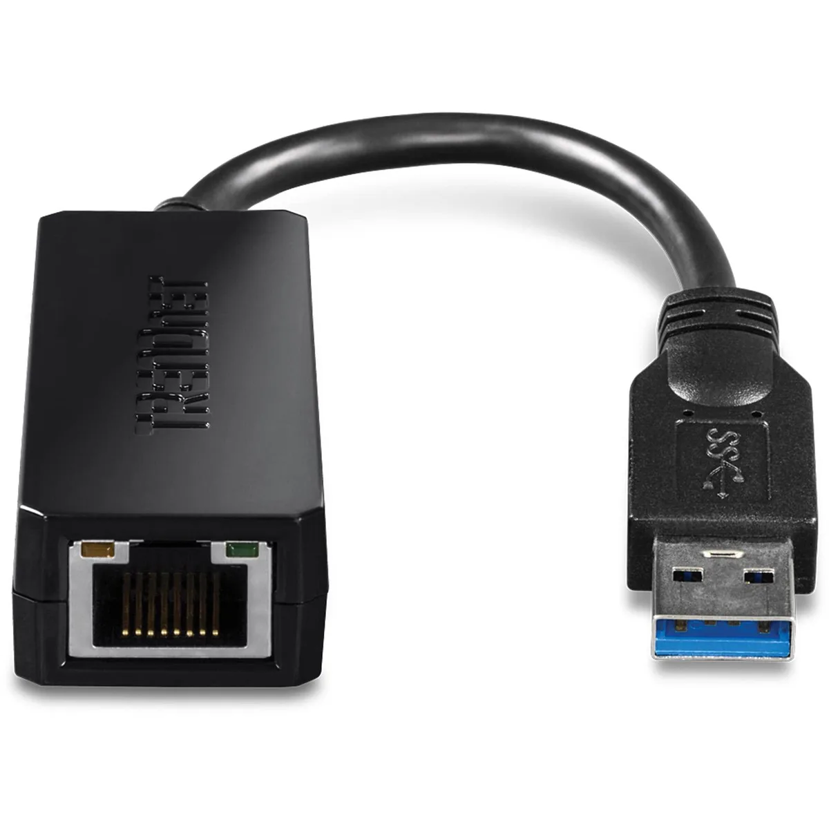 Small black USB 3.0 Gigabit Ethernet adapter with short attached cable