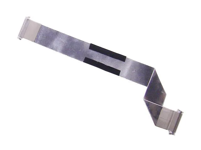 Flat grey ribbon cable with black connectors, coiled on white background