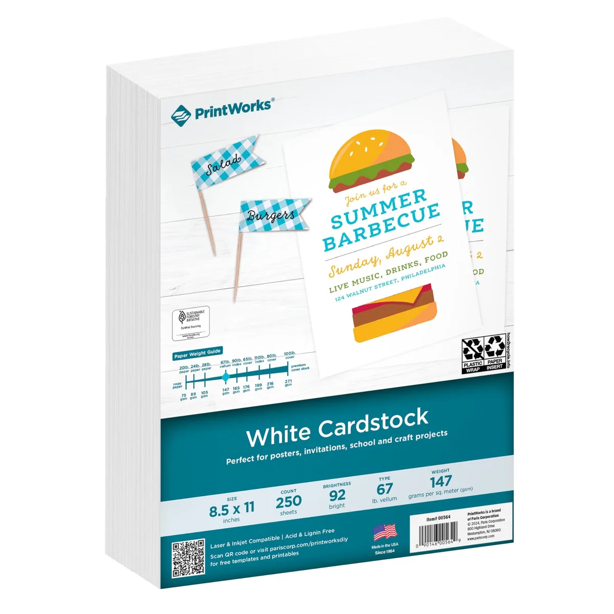  PrintWorks 00564 White Cardstock 8.5" x 11" 67 lb 147 gsm 250 Sheets — product photo