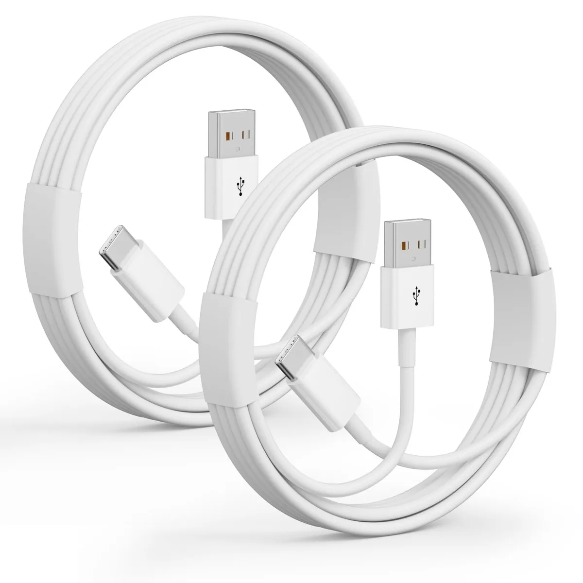 Two white USB-A to USB-C cables, three feet long, male-to-male connectors